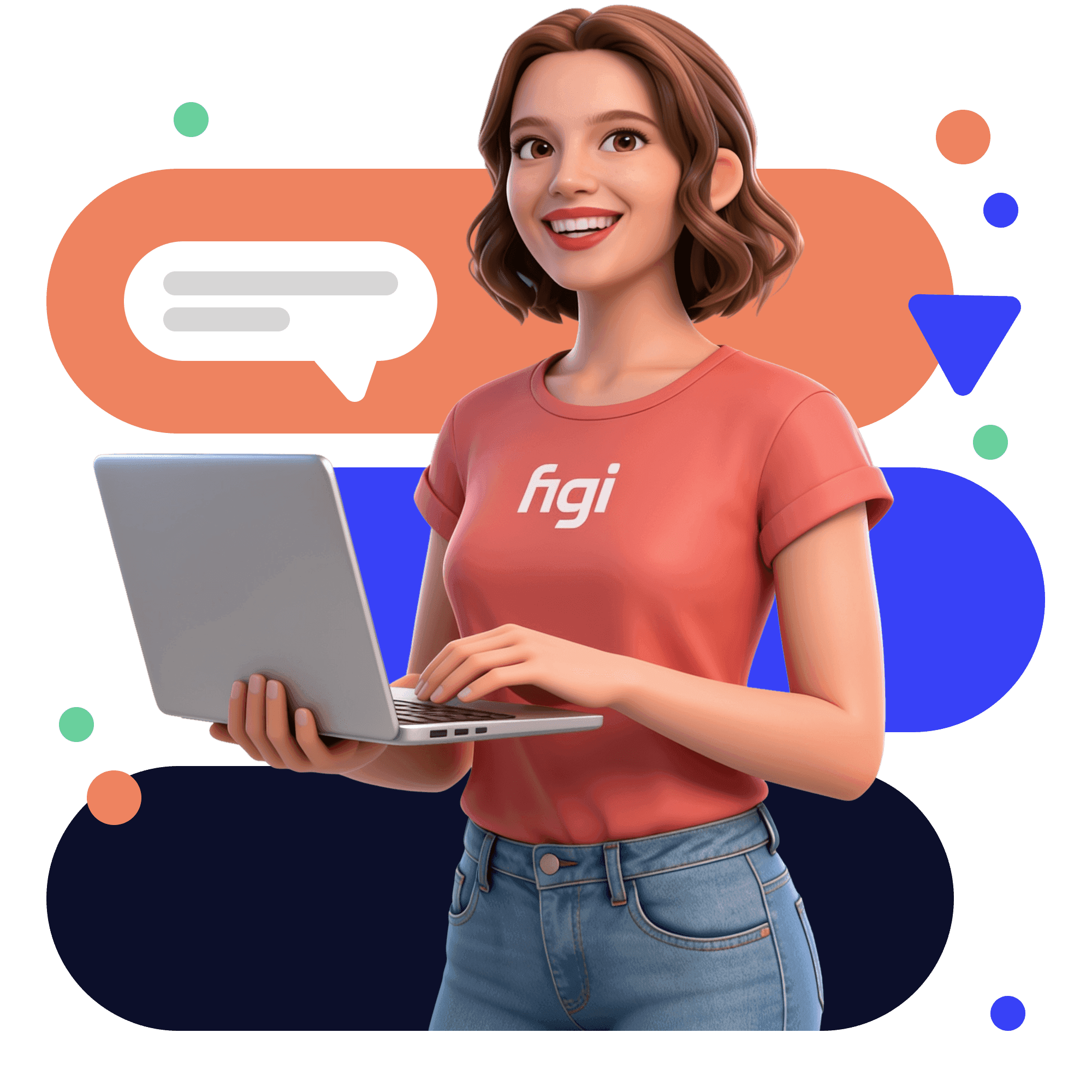 Especialista Figi com notebook, pronta para apoiar suas indicações